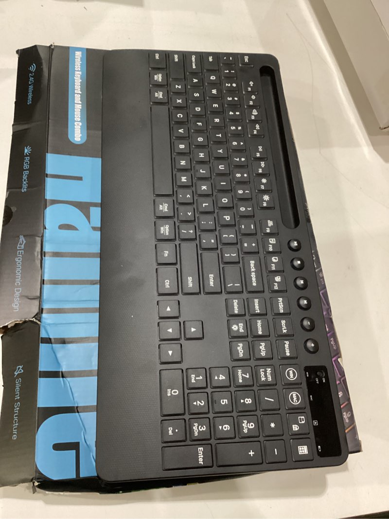 Condition photo showing As Is for no cord hamile wireless keyboard and mouse combo:rgb backlit effects,ergonomic full size silent keyboard,wrist rest,2.4g rechargeable with phone holder compatible with windows, mac,pc,laptop, black