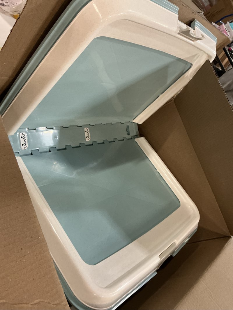 Condition photo showing Good Condition for IRIS USA Pee Pad Holder - for Large Sized Dog and Puppy Pee Pads, Secured Latches, Non-Skid Feet, High Polish Finish for Easy Cleaning, Leak Protection, Fits 28"x34" Pad or Larger, Square, Blue 28" x 34" Blue