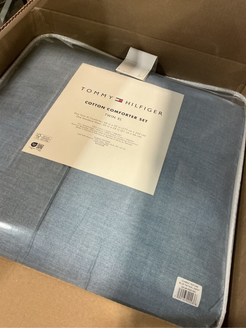 Condition photo showing Good Condition for tommy hilfiger - twin/twin xl comforter set, textured cotton plain weave bedding with matching sham, reversible, medium weight for year-round use, dorm essentials, oeko-tex certified (medium blue) twin/twin xl medium blue