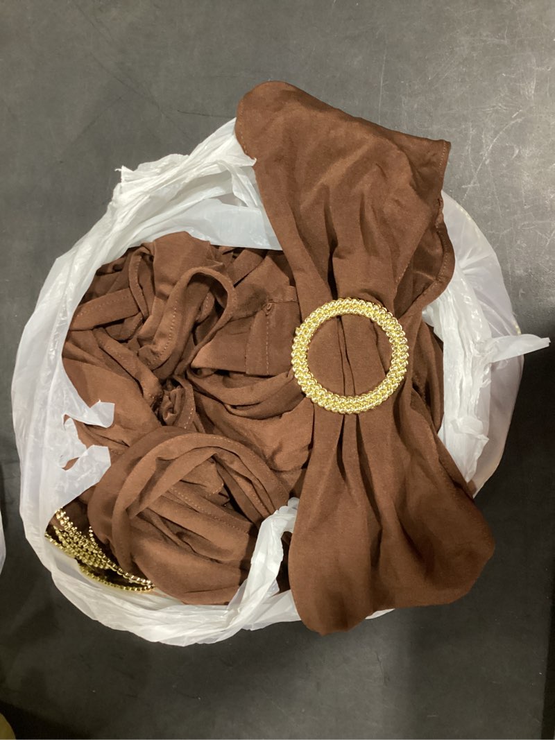 Condition photo showing Good Condition for Pack of 50 Spandex Brown Chair Sashes with Gold Buckles, Stretch Chairs Sashes for Wedding Party Birthday Halloween Ceremony Event Decorations Chair Bands Bows (Brown Sashes, Gold Buckles) Brown Sashes + Gold Buckles 50