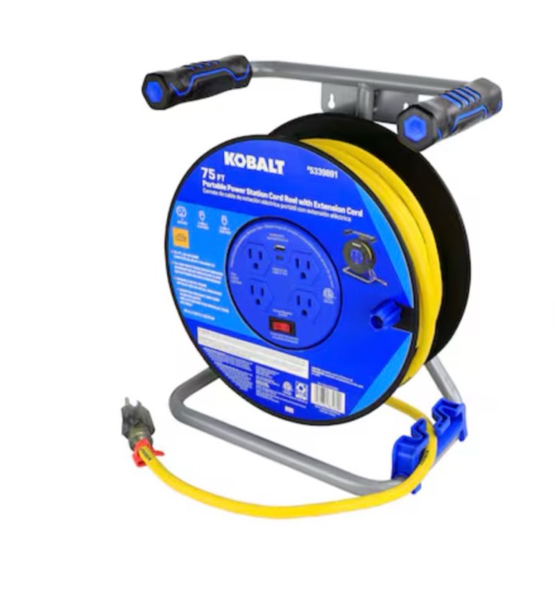 kobalt 4-outlet portable thermoplastic power station cord reel with 75ft 12/3 yellow sjtw cord