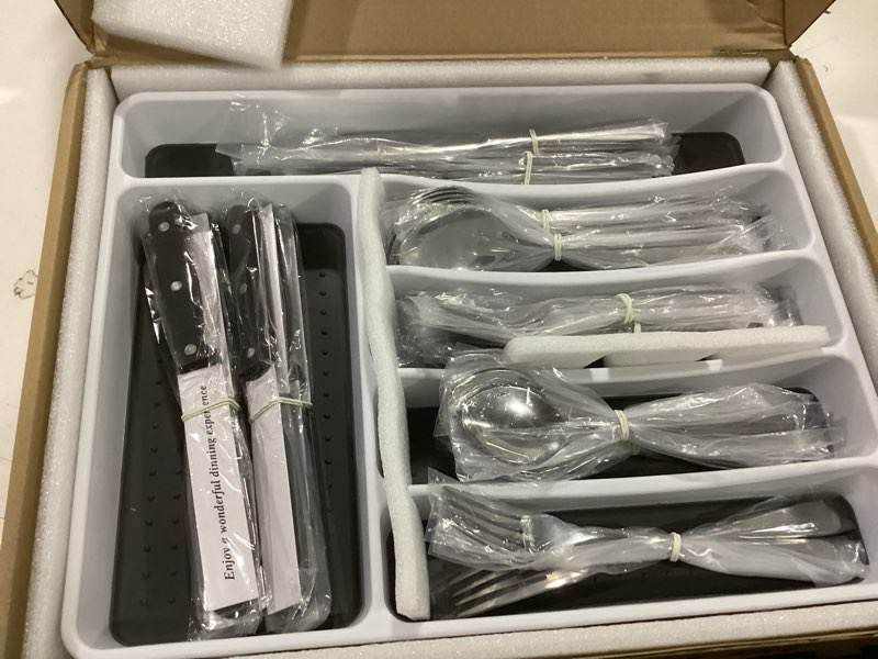 Condition photo showing New/Like New for 49-Piece Silverware Set with Organizer, CEKEE Stainless Steel Flatware Cutlery Set Service for 8, Mirror Polished Kitchen Utensils Set with Steak Knives Included Spoons and Forks Set & Tray