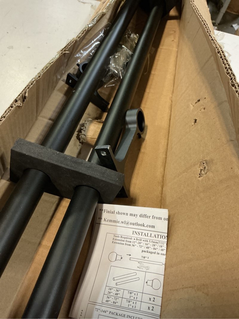 Condition photo showing Good Condition for 2 pack heavy duty 1 inch diameter single curtain rods 36-72” adjustable window curtain rod with aluminum alloy cylindrical cap finials, wall mount and ceiling mount, matte black matte black 36-72"