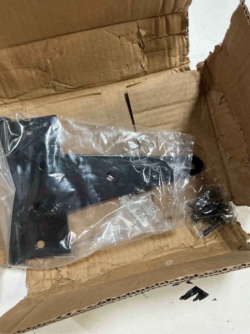 Condition photo showing New/Like New for home master hardware 6 inch t-strap heavy duty shed door hinges, black tee hinge for wooden fences,yard door, barn door gates, rustproof wrought iron with screws, 2 pack 6 in-2 pack black