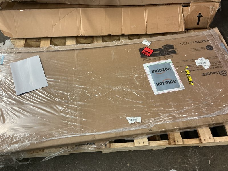 Condition photo showing As Is for Sauder Palladia L Shaped Desk with Drawers, Office Desk with File Cabinet Storage, Cable Management, Keyboard Tray, in Glacier Oak Finish(incomplete box 2/2)