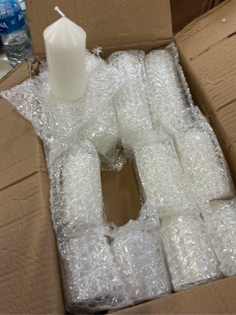 Condition photo showing New/Like New for 36 pack white pillar candles bulk set, 2x3 2x4 2x6 inch - 12 each size, dripless smokeless clean burning for wedding centerpieces, home decor, church, romantic ambiance? 36 white pointed-tip 2 x 3/4/6 inch