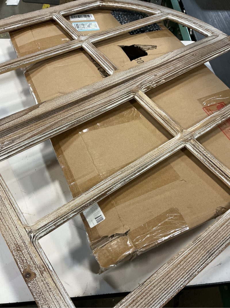 Condition photo showing Good Condition for sintosin farmhouse window frame wall decor 30 inch, set of 2 washed white and burning finish wooden arched window pane, rustic cathedral wall decor for living room entryway indoor