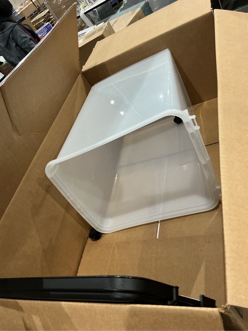 Condition photo showing Good Condition for similar to not exact  missing two wheels iris usa airtight pet food storage container with wheels, black, 30 lb capacity - bpa-free clear plastic bin with snap-lid seal to keep kibble, pellets or seeds fresh for dogs, cats and birds