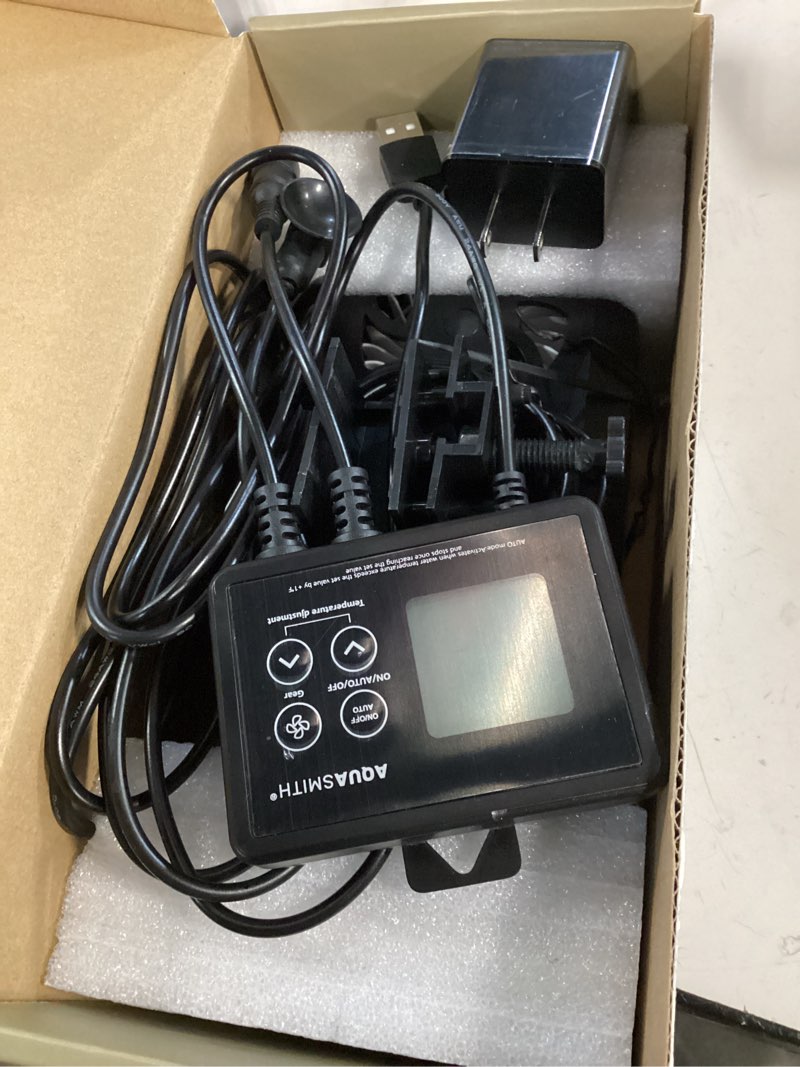 Condition photo showing As Is for aquasmith aquarium chiller fan,fish tank cooler with temperature control,minimum setting 59?,auto start/stop,refrigeration effect 3-7?,3-speed modes,for axolotl seawater freshwater coral grass tank black