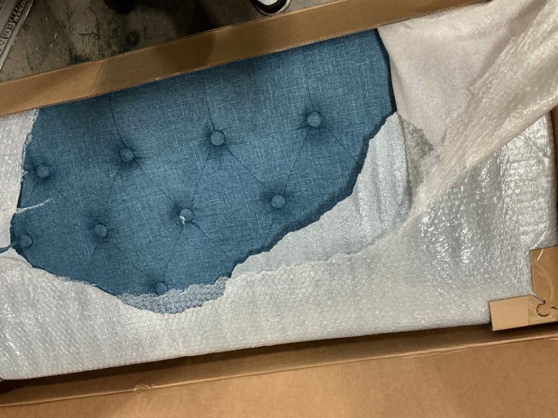 Condition photo showing Good Condition for 38 in. w x 17 in. d x 17 in. h denim blue upholstered flip top storage bench with turn solid wood legs ( abble