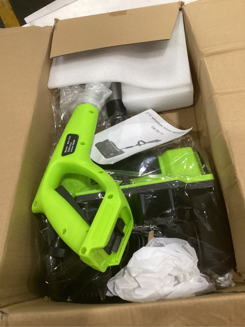 Condition photo showing As Is for cordless snow shovel,12.5" electric snow blower with 2x4.0ah batteries,20v snow remover with adjustable handle &directional chute,6" snow intake and 27ft throw, for driveway,deck,yard steps green