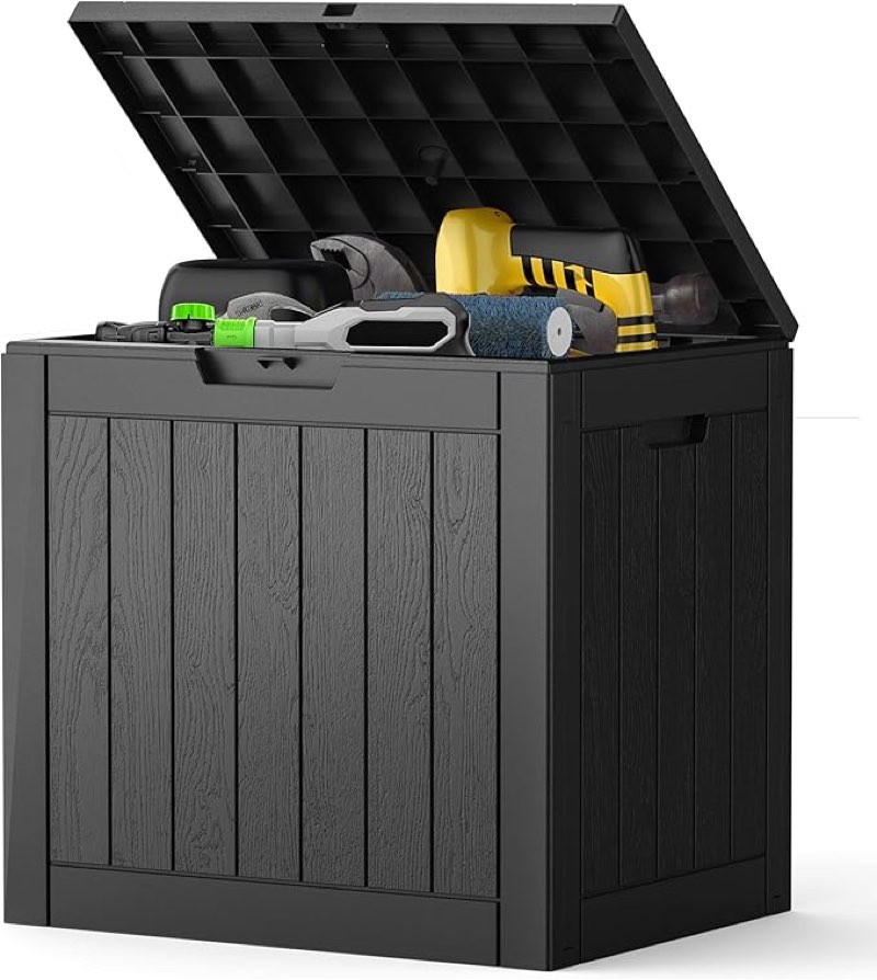 newbulig 31 gallon outdoor storage box, waterproof deck box with lockable lid, patio furniture bench