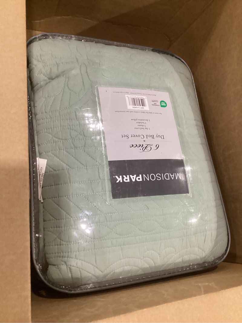 Condition photo showing Good Condition for madison park tuscany daybed cover set-trendy damask quilting with scalloped edges all season luxury bedding with bedskirt, matching shams, decorative pillow, seafoam, 39"x75", 6 piece