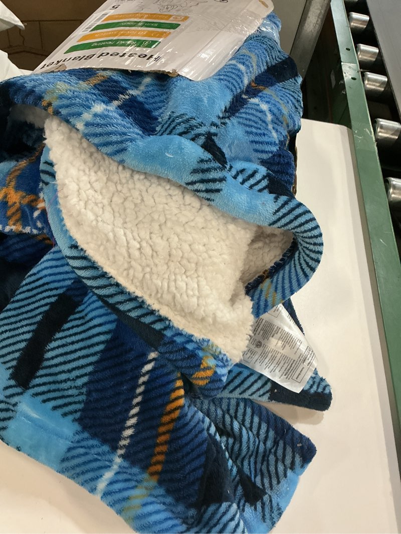 Condition photo showing As Is for Electric Blanket Heated Twin, Soft Flannel 62"x84" Plaid Heating Blanket with 8 Hours Auto Off 10 Fast Heating Levels Machine Washable Sherpa Heated Blanket with Overheating Protection Blue Twin (62" x 84")