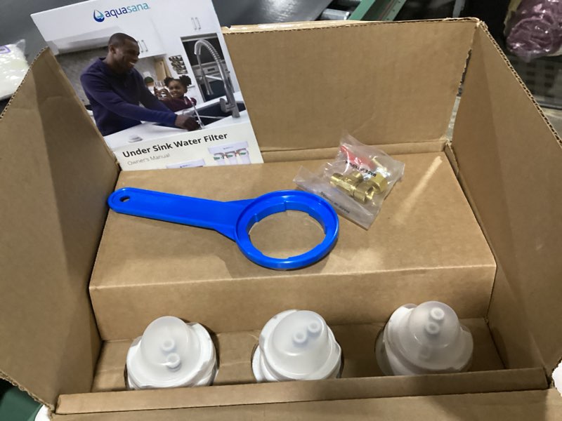 Condition photo showing Good Condition for Aquasana Under Sink Water Filter System - Reduces PFAS, Lead, & Chlorine in Drinking Water - Under Counter Claryum Filtration for Kitchen - 3-Stage Max Flow - Chrome Faucet - AQ-5300+.56 Chrome 3 Stage Max Flow