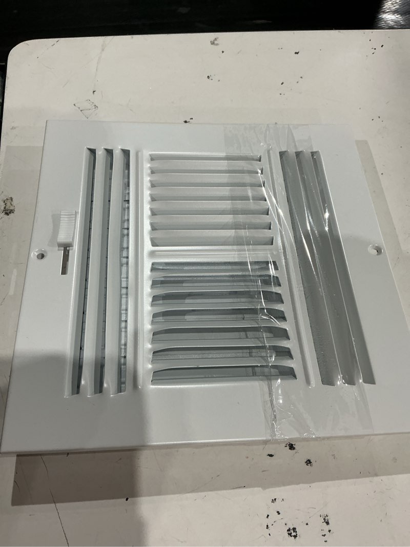 Condition photo showing As Is for reliabilt 8-in x 8-in 4-way steel white sidewall/ceiling register