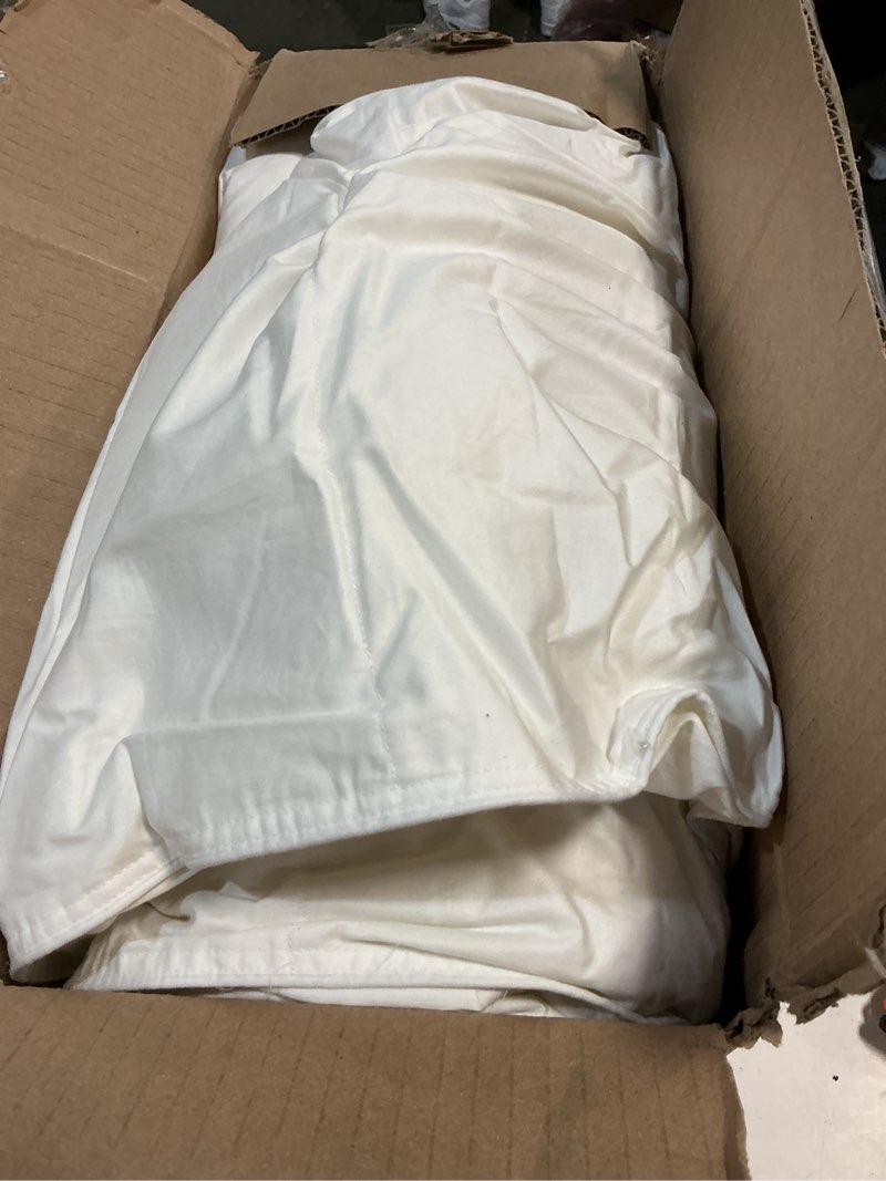 Condition photo showing As Is for quince lightweight luxe goose down comforter, full/queen, white