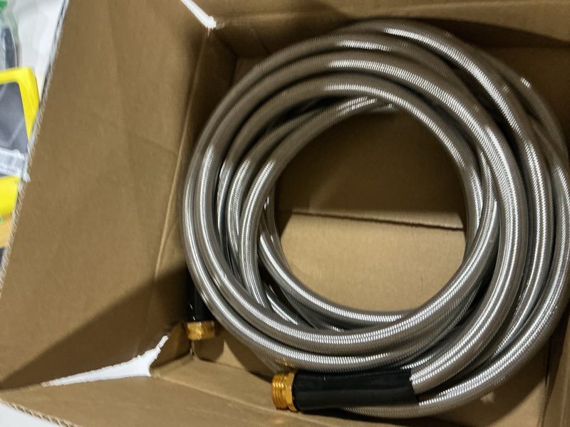 Condition photo showing Good Condition for garden hose 304 stainless steel metal braided hose, lightweight, kink-free, tough, flexible water hose, rust proof, puncture, portable, 1/2" aircraft grade aluminum alloy connector, 25ft 1/2" connector 25ft