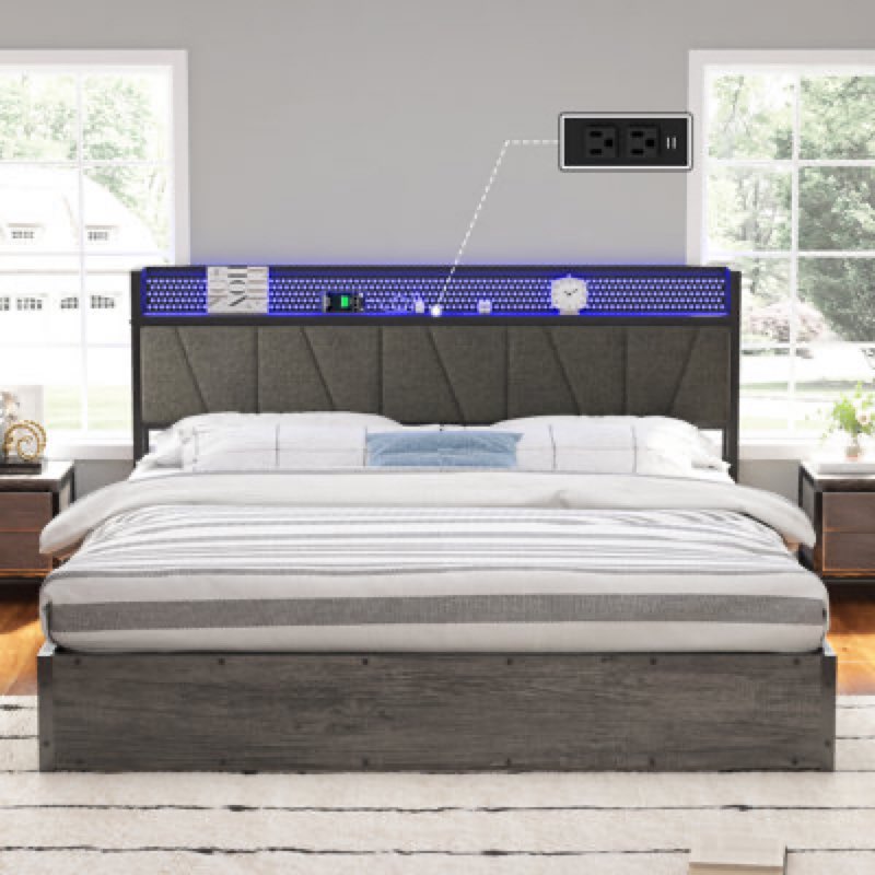 Brixten Lift Up Bed with Linen Upholstered & LED Storage Headboard Color: Black, Size: King