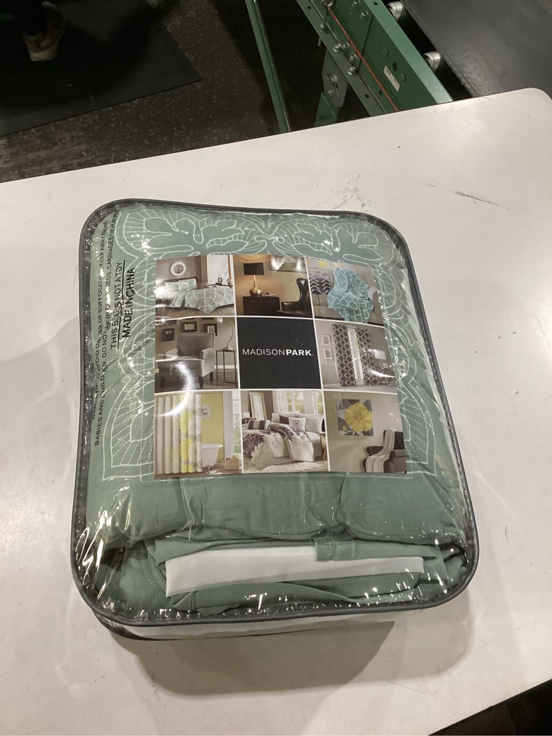 Condition photo showing New/Like New for madison park daybed cover set damask quilted cover for daybeds, all season, pre-washed cotton-filled coastal bedding scallop edge, shams, bedskirt, décor pillows, tuscany, seafoam, 39"x75", 6 piece 75"x39" seafoam