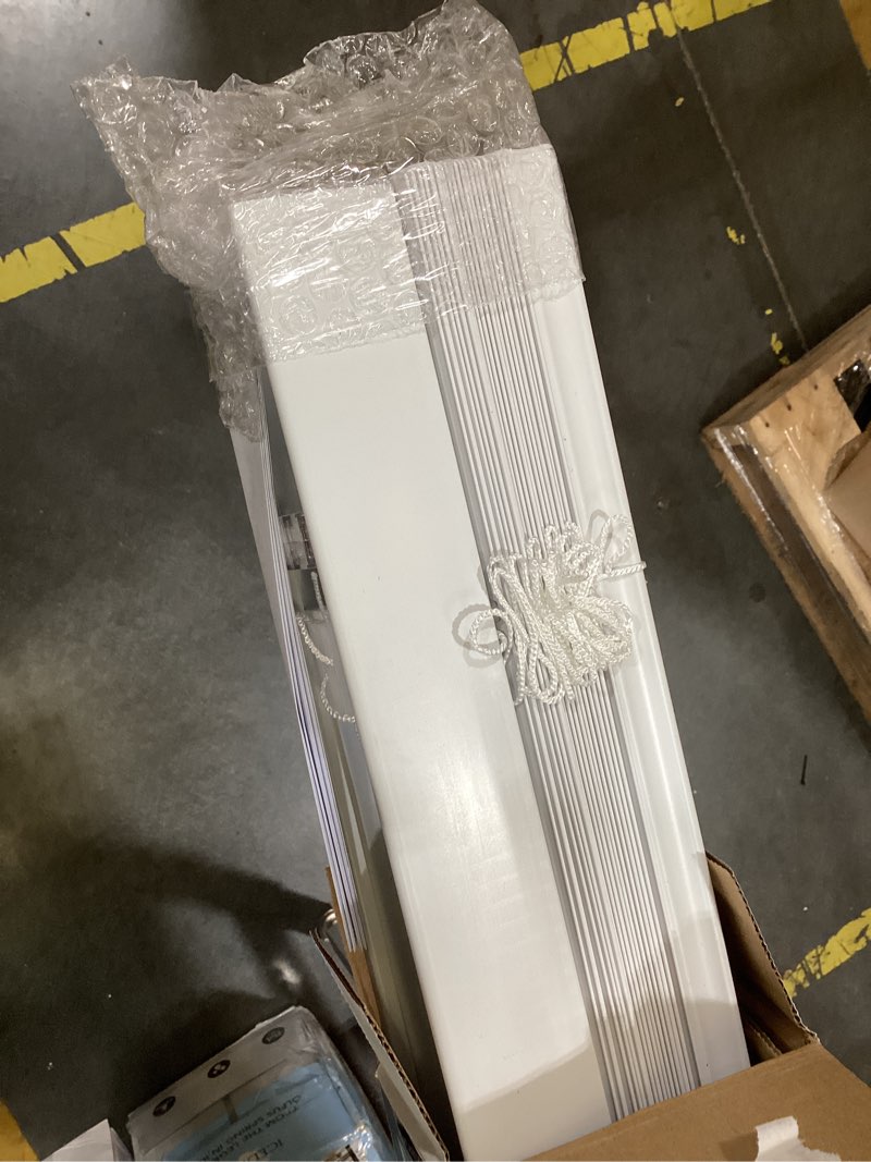 Condition photo showing As Is for project source premium 2-in slat width 58-in x 64-in cordless white vinyl room darkening horizontal blinds