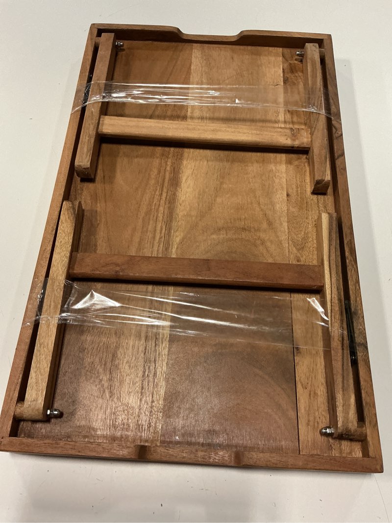Condition photo showing As Is for wood rectangular bed tray with stand in natural finish brown, one size