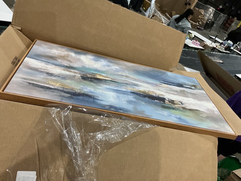 Condition photo showing Good Condition for abstract framed canvas wall art modern abstract ocean wall decor abstract blue green seascape painting with gold accents coastal contemporary artwork living room bathroom office home decoration 20x40 40"l x 20"w abstract ocean