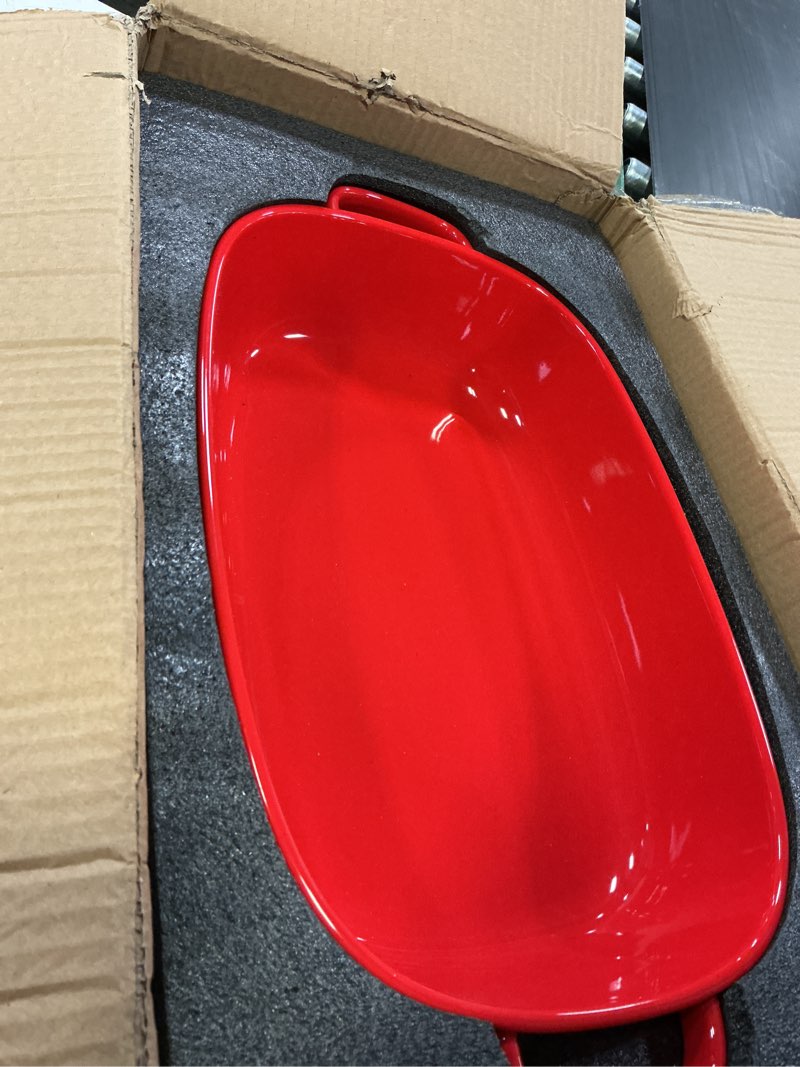 Condition photo showing As Is for 6 Quart Large Rectangular Baking Dish, 16x11 Inches Ceramic Baking Pan Casserole Dish for Cooking,Kitchen and Daily Use, Safe for Oven Microwave Refrigerator Disinfection Cabinet and Dishwasher,Red 6 quart Red