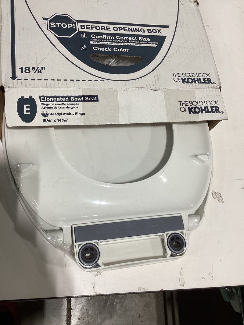 Condition photo showing New/Like New for kohler k-27331-0 glissade readylatch quiet close elongated toilet seat, white, grip-tight hardware, quiet close lid prevents slamming white elongated