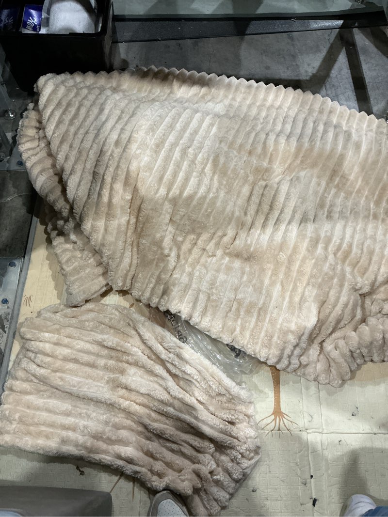 Condition photo showing Good Condition for pavilia soft fleece queen bed blanket, taupe tan camel, large fuzzy plush flannel, warm cozy ribbed microfiber, lightweight striped