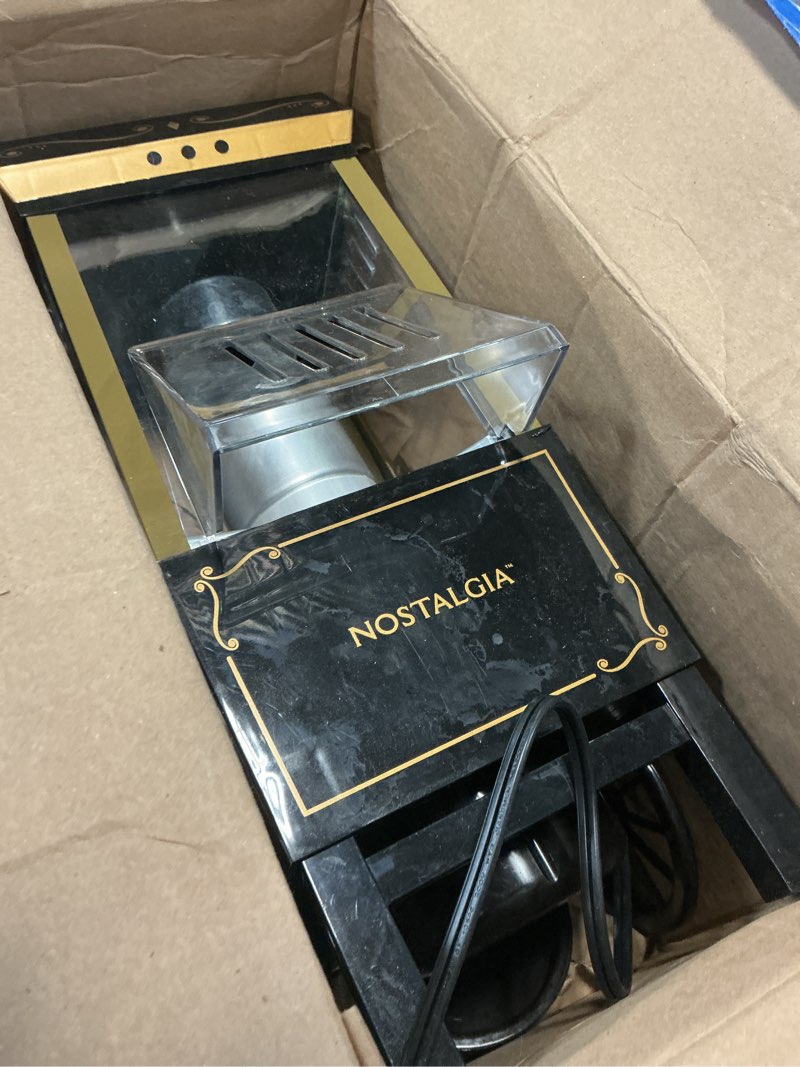 Condition photo showing As Is for nostalgia vintage hot-air popcorn maker machine - makes up to 12 cups - oil-free - healthier popcorn - classic stand-up cart with wheels - includes kernel measuring cup - black hot air vintage black