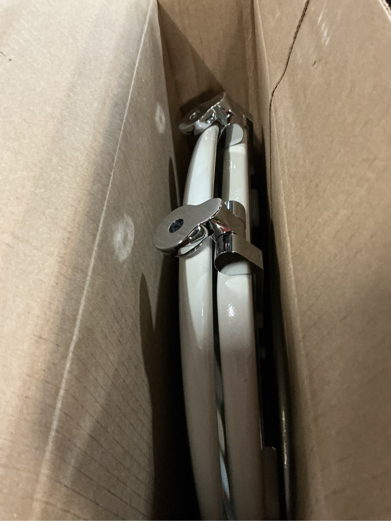 Condition photo showing Good Condition for kohler k-4615 revival elongated toilet seat with polished chrome hinges, molded wood, designed for revival collection toilets white