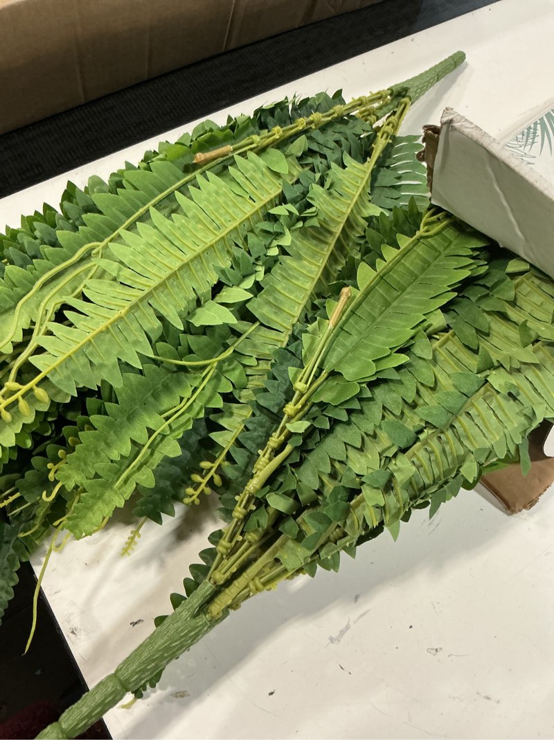 Condition photo showing Good Condition for 35” artificial boston fern bush plant, 2 faux ferns for outdoors large, fake ferns realistic artificial plants with 39 fronds for garden porch patio home office living room decor green green 35''