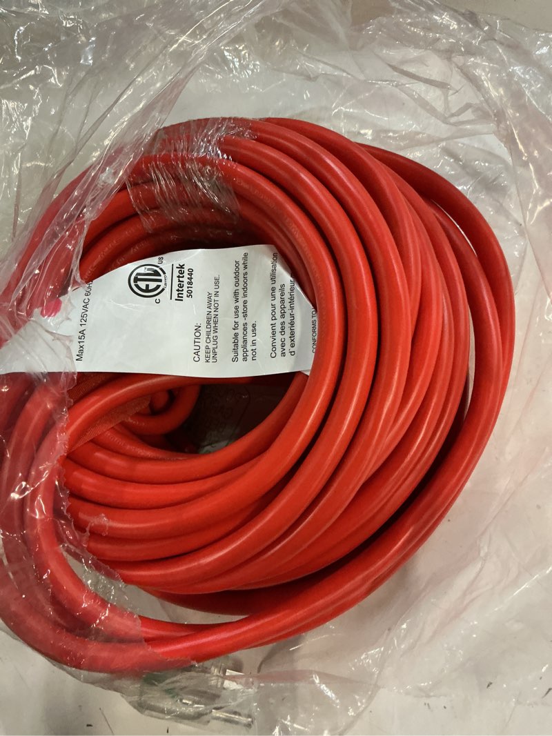Condition photo showing Good Condition for 50 ft 12 gauge extension cord outdoor, heavy duty weatherproof & flame retardant orange 3 prong power cord with light, outside for lawn & garden, 15 amps 1875 watts 125 vac 12awg sjtw, etl listed 50ft 12awg orange