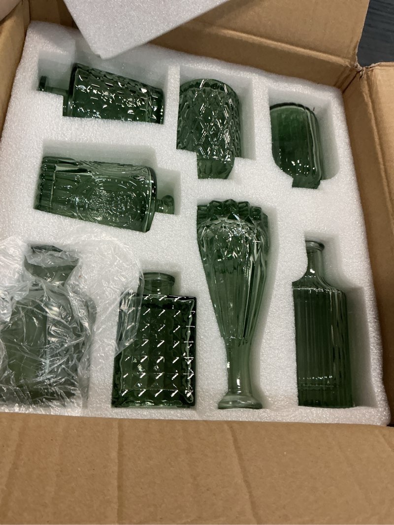 Condition photo showing Good Condition for glass bud vase set, 16pcs small green flower vases for table centerpieces in bulk, mini vintage vase for wedding, home, table decoration green 16
