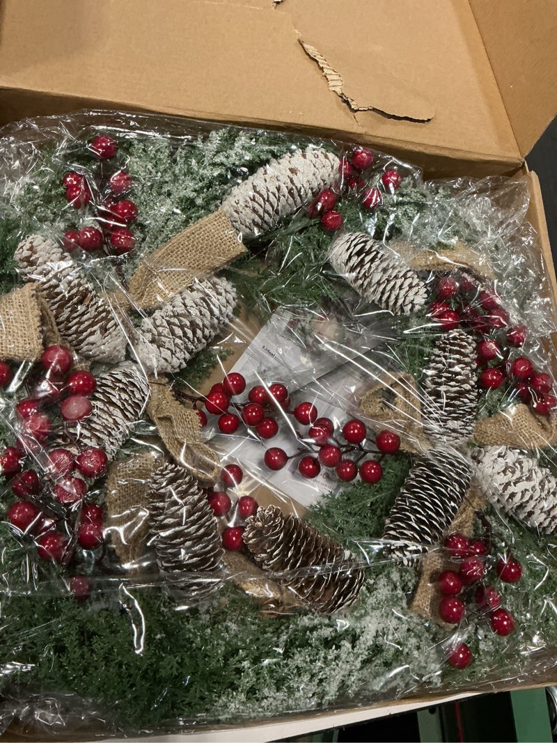 Condition photo showing New/Like New for X004R9486D New - Artificial Christmas Wreath for Front Door with Pine Cone, Red Berries... door Outdoor Holiday Wall Windows Wreath Flocked with Mixed Decorations 23inch