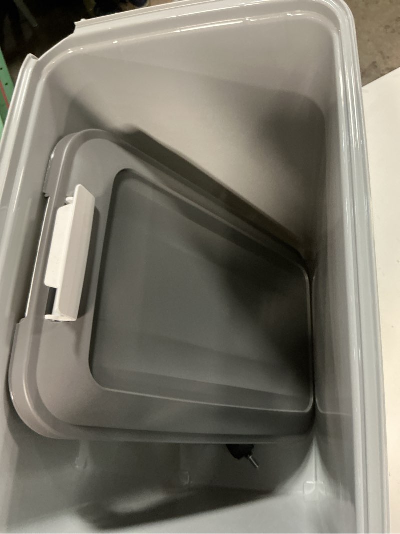 Condition photo showing As Is for iris usa dog food storage container with wheels, airtight lid, 2-cup scoop, up to 54 pounds pet food storage, built in scoop storage in lid, versatile pet food bin, portable, bpa free, gray/dark gray 54 lbs dark gray