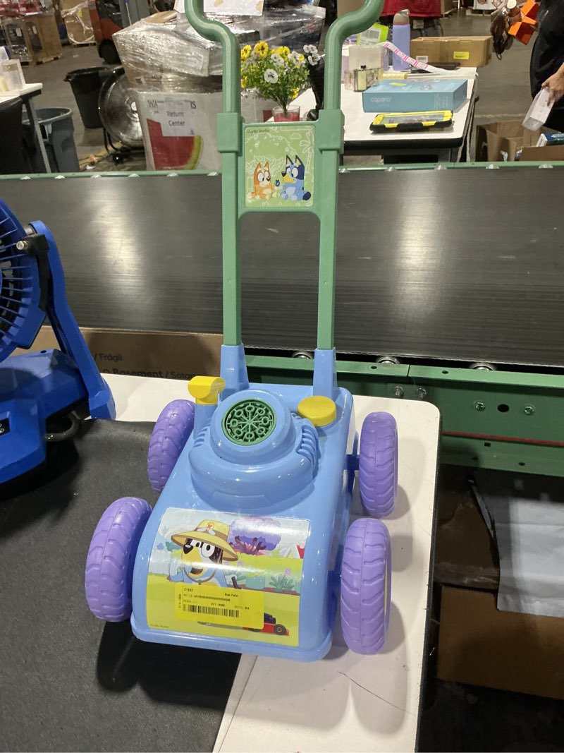 Condition photo showing Good Condition for bluey bubble lawn mower for toddlers, bubble blowing machine with sound for indoor and outdoor gardening toy, plays bluey music, birthday, party favor for preschool girls and boys