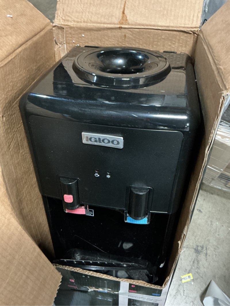 Condition photo showing As Is for Igloo Top Loading Water Cooler – Hot & Cold Dispenser – Black & Stainless Steel, Holds 3 & 5 Gallon Jugs, Child Safety Lock – for Homes, Kitchens, Offices, Dorms Stainless Top Load