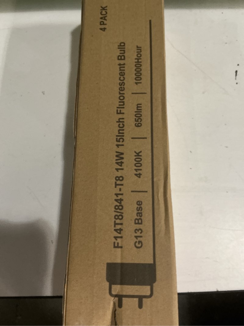 Condition photo showing New/Like New for 4 pack f14t8/cw fluorescent light bulb,t8 14 watts 4100k cool white t8 linear tube, g13 medium bi-pin base,14.75 inch overll length