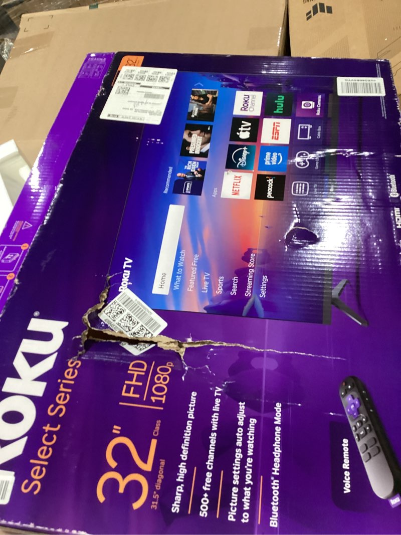 Condition photo showing As Is for small scratching on screen *roku smart tv 2025 – 32-inch select series, 1080p full hd tv – roku tv with voice remote – flat screen led television with wi-fi for streaming live local news, sports, family entertainment