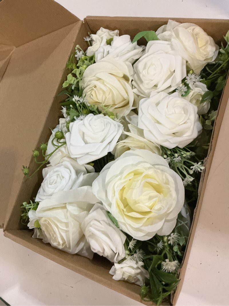Condition photo showing Good Condition for white wedding centerpieces flowers mini bridesmaid bouquets set of 6 ivory white table decor 5.2 inch pre-made small floral wedding dinning table reception bridal shower party decorations