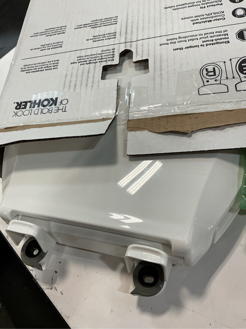Condition photo showing As Is for kohler 4636-rl-0 cachet readylatch elongated toilet seat slow close, soft close toilet seat quiet lid, contoured grip-tight bumpers installation hardware, apartment essentials, white white elongated ready latch