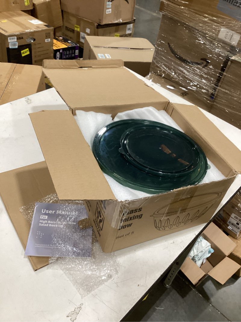 Condition photo showing Good Condition for whiterhino glass mixing bowls glass bowls with lids set(4.5qt,2.7qt, 1.1qt),large salad bowls,glass mixing bowl space-saving nesting storage bowls for cooking,baking,prepping,dishwasher safe 3 mixing bowls with lids