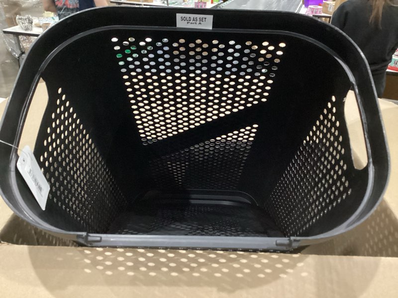 Condition photo showing As Is for HOLE IN BOTTOM OF BASKET Mind Reader Slim Laundry Hamper with Lid, 60L Clothes Basket, Ventilated Plastic, Black Black Single
