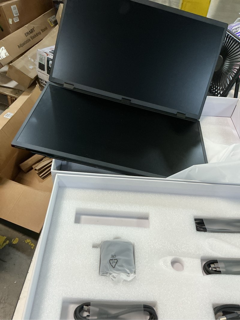 Condition photo showing As Is for triple screen extender 120hz 18.5\" portable fhd 1080p monitor folding stacked travel monitor automatic rotation for laptop pc kickstand vesa mountable?no driver?