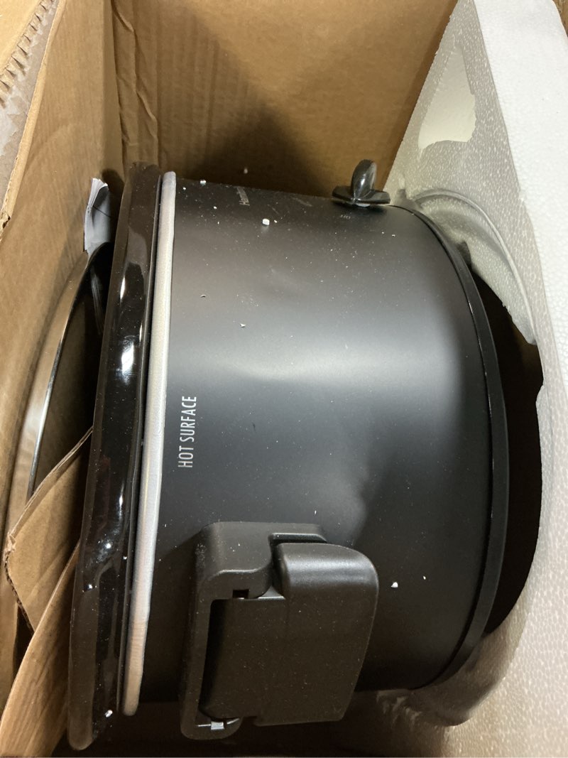 Condition photo showing As Is for Hamilton Beach 6 Quart Slow Cooker with Space-Saving Folding Handles, 3 Heat Settings, Dishwasher Safe Stoneware Crock and Glass Lid, Black (33664) Space Saving Folding Handles 6 Quarts