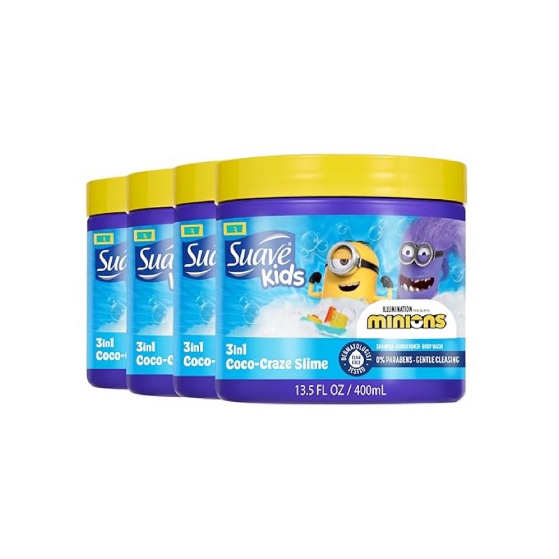 suave kids minions coco-craze slime 3-in-1 shampoo, conditioner, and body wash, for tear-free and gentle cleansing, 13.5 oz, 4 pack