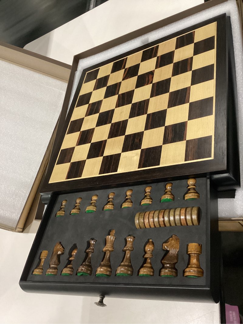 Condition photo showing New/Like New for vamslove wooden chess checkers game set 15.5" large size board w/storage drawers, weighted chess pieces - 2 extra queens 3" king, gift for birthday housewarming retirement - black