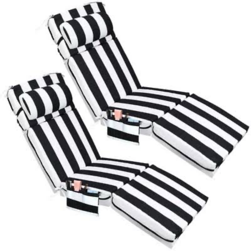 wenqik 2 pcs outdoor chaise lounge cushion with pillow and side pocket waterproof lounge chair cushi